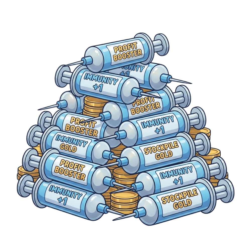 Pile of profit booster syringes and gold